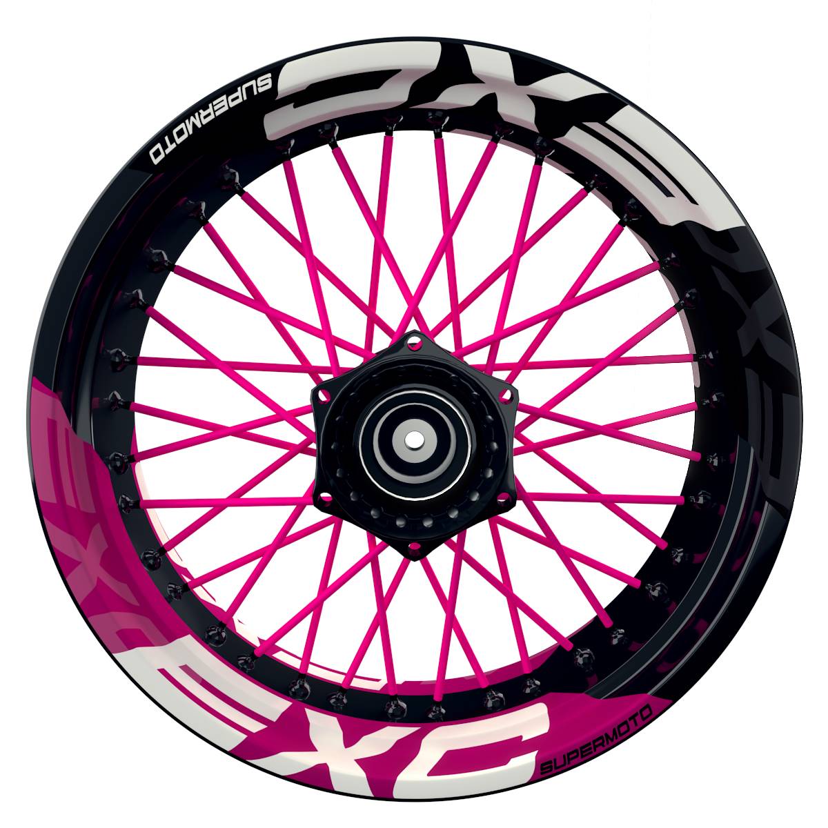 Wheelsticker Felgenaufkleber EXC Supermoto halb halb V2 schwarz pink Frontansicht